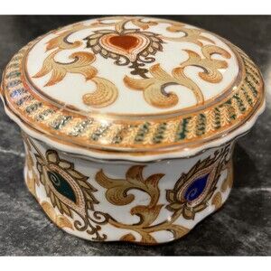 Oriental Accent Hand Painted Porcelain Trinket Box Gold/red/blue/green/white
